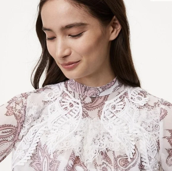 LOFT Paisley Lace Blouse - White and Pink LG *F - Picture 3 of 6